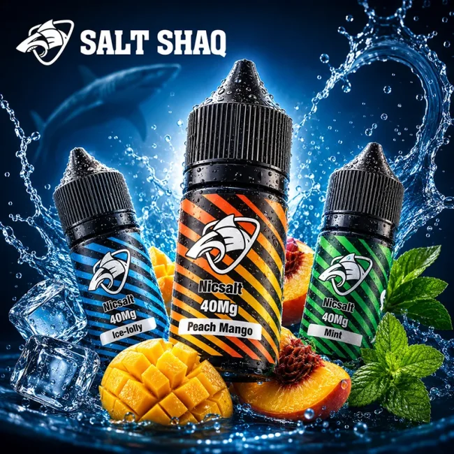 SALT SHAQ 40mg 尼古丁鹽 Peach Mango 系列主圖 SALT SHAQ 尼古丁鹽 40mg Peach Mango、Ice Lolly 與 Mint 口味包裝主圖